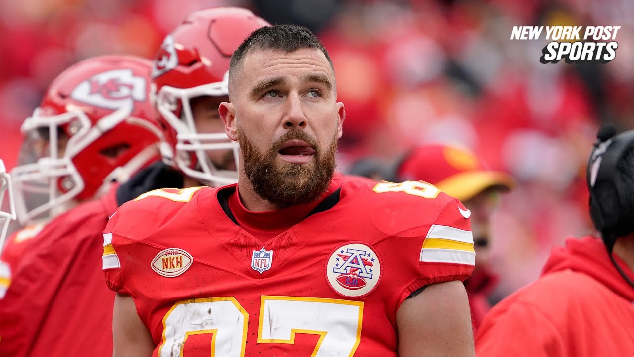 Travis Kelce launches helmet on Chiefs sideline as Taylor Swift looks on