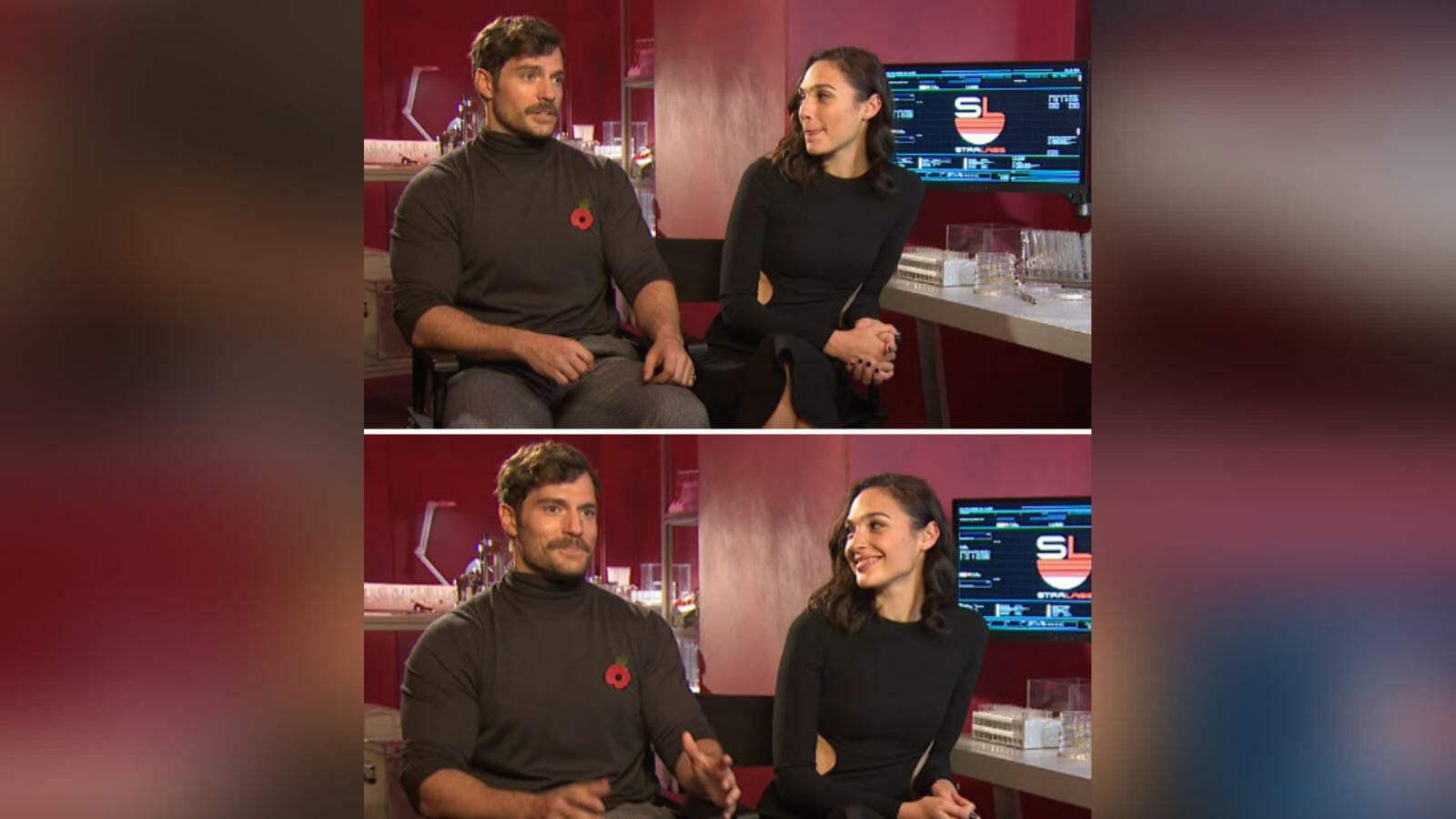 Gal Gadot stealing glances at Cavill