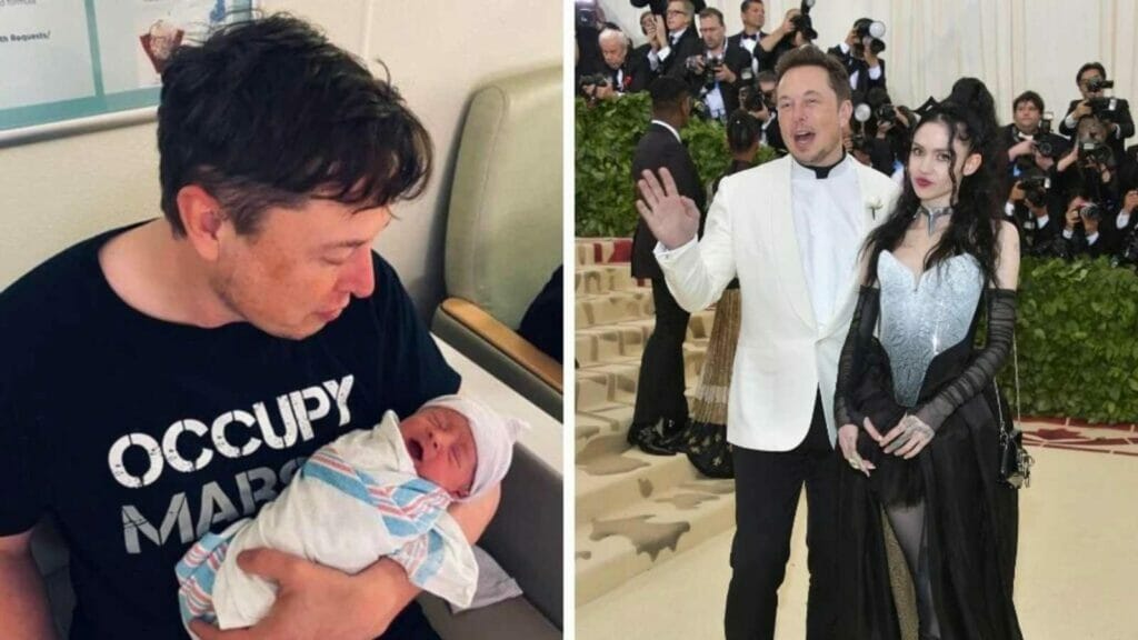 Elon Musk with his child and Elon Musk with Grimes