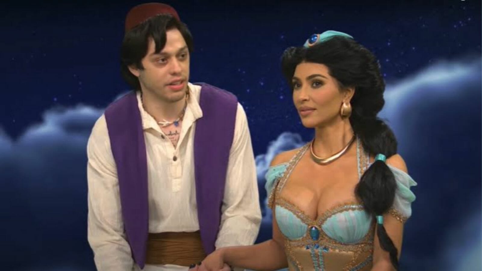 Pete Davidson and Kim Kardashian in the "Aladdin themed" SNL sketch
