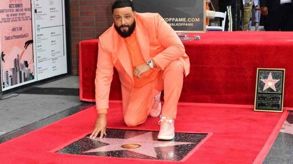 DJ Khaled poses on his just unveiled Walk of Fame Star in Hollywood, Los Angeles, California on April 11, 2022, where he received the 2,719th Star in the category of Recording.