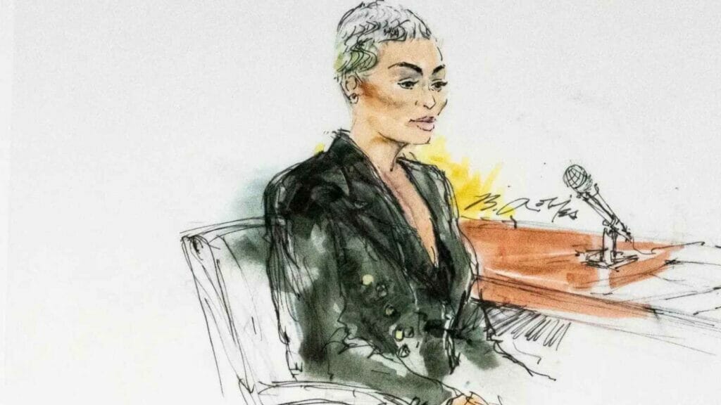 In this courtroom artist sketch, former reality television star Blac Chyna sits in court in Los Angeles on April 19, 2022. Chyna is suing the Kardashian-Jenner family for defamation and lost income.