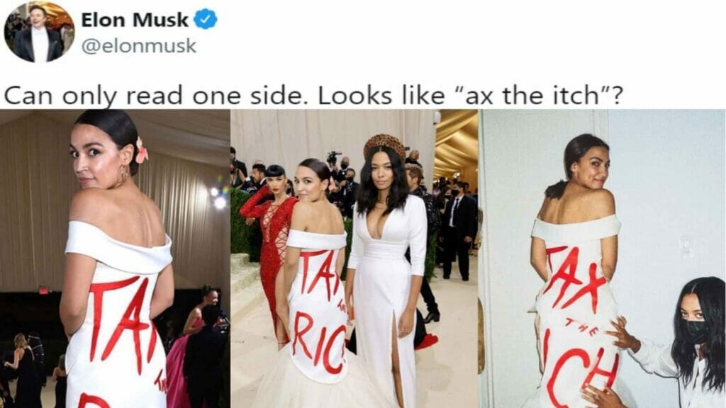 Elon Musk took a dig at Alexandria Ocasio-Cortez’s “Tax the Rich” dress from last year’s Met Gala