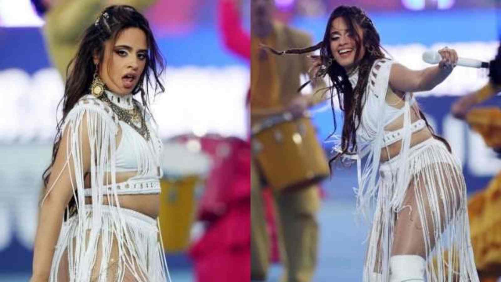 Camila Cabello, 25, looked sensational in a white fringed bikini as she put on an energetic performance at the UEFA Champions League final in Paris on Saturday